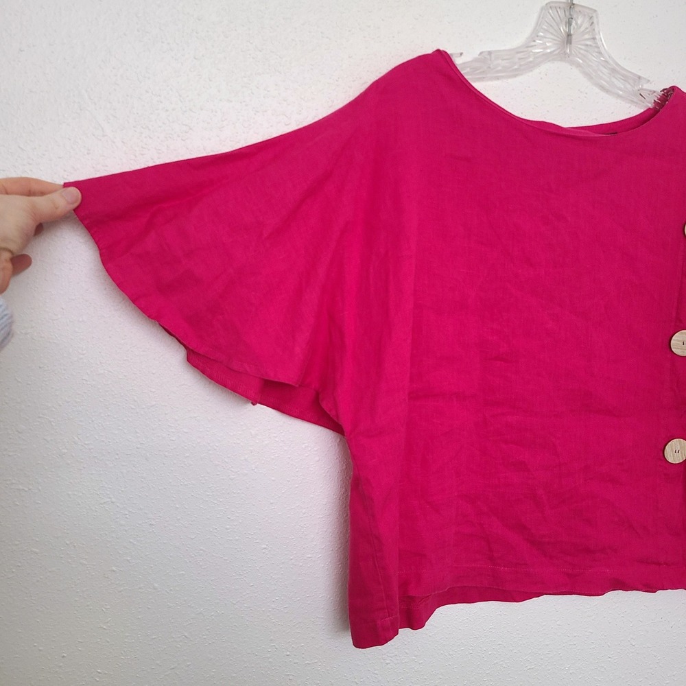 Kensie 100% Linen Hot Pink MEDIUM Button Detail Short Sleeve Top Blouse Bright M - Picture 3 of 9